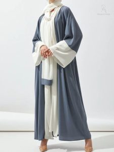 Abaya Dubai kimono bleu perle et blanc