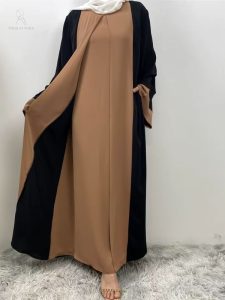 Abaya Dubai kimono noir et beige caramel élégant