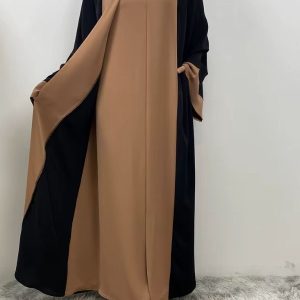 Abaya Dubai kimono noir et beige caramel élégant