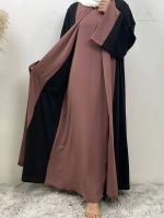 Abaya Dubai kimono noir et rose poudré élégant