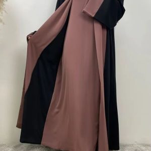 Abaya Dubai kimono noir et rose poudré élégant