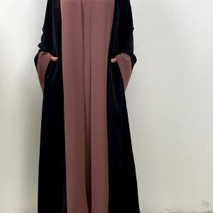 Kimono noir avec détails rose poudré pour abaya