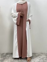 Abaya kimono rose poudré et blanc, style Dubai