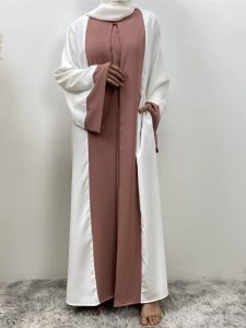 Abaya kimono rose poudré et blanc, style Dubai