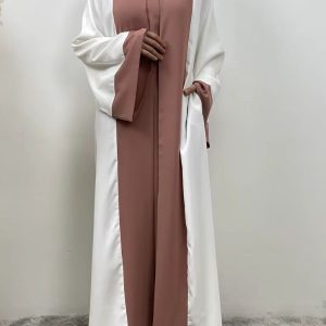 Abaya kimono rose poudré et blanc, style Dubai