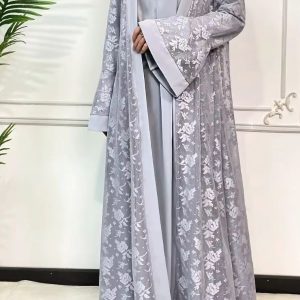 Abaya luxe gris perle en dentelle élégante