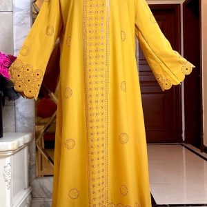 Abaya luxe jaune safran, élégance inspirée de Dubaï