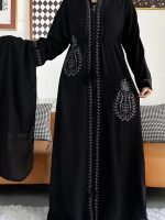 Abaya noire de luxe, style traditionnel Dubai, finition raffinée