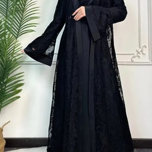 Abaya noire en dentelle luxe de style Dubai