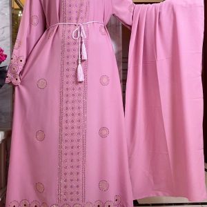 Abaya kimono rose blush élégante inspirée de Dubaï