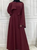 Abaya kimono long en tissu rouge grenat