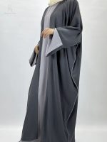 Abaya satin gris foncé deux pièces kimono ouvert