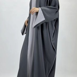 Abaya satin gris foncé deux pièces kimono ouvert