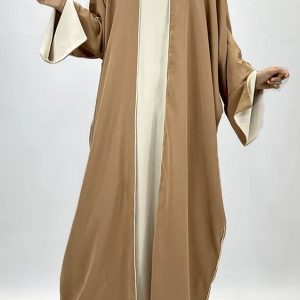 Abaya satin kaki kimono ouvert deux pièces