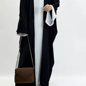 Abaya satin noire deux pièces kimono ouvert