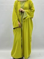 Abaya satin vert olive kimono ouvert deux pièces