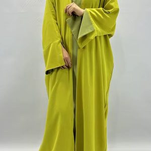 Abaya satin vert olive kimono ouvert deux pièces