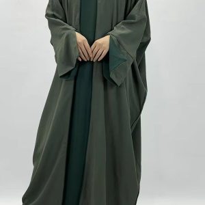 Abaya satin vert kimono ouvert en deux pièces