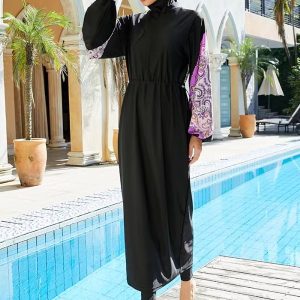 Ensemble de burkini noir, motifs pourpres, style élégant