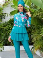 Burkini trois pièces turquoise avec motif floral