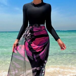 Burkini noir avec paréo assorti pour baignade élégante