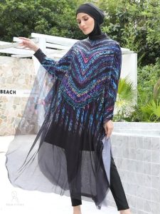 Burkini avec motifs ondulés, idéal pour la plage et la piscine
