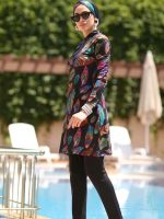 Burkini plage 3 pièces aux plumes colorées