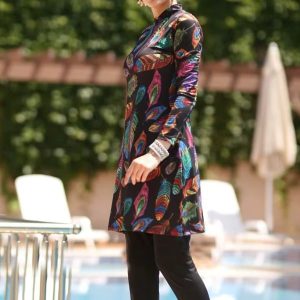 Burkini plage 3 pièces aux plumes colorées
