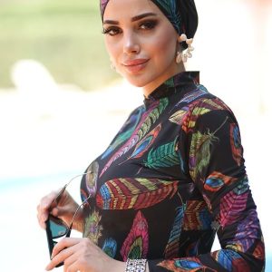Ensemble burkini multicolore à motifs de plumes