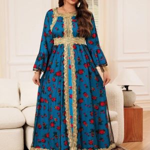 Caftan moderne bleu floral pour femme