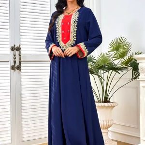 Djellaba femme brodée bleu marine à col rond pour mariage
