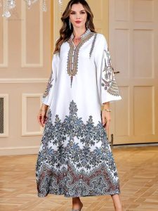 Djellaba femme blanche imprimée florale pour mariage