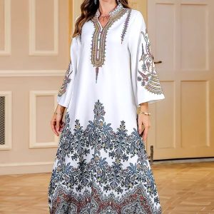 Djellaba femme blanche imprimée florale pour mariage