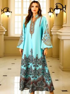 Djellaba femme imprimée floral bleu ciel pour mariage