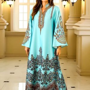 Djellaba femme imprimée floral bleu ciel pour mariage