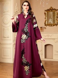 Djellaba femme violette imprimée floral pour mariage