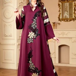 Djellaba femme violette imprimée floral pour mariage