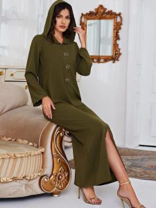Djellaba olive avec capuche, style marocain authentique
