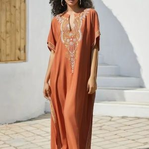 Djellaba femme marocaine en tissu orange