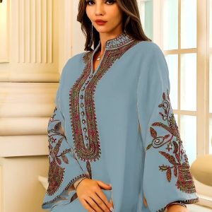Djellaba bleu pour femme, élégance artisanale