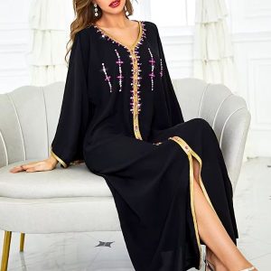 Djellaba femme marocaine noire avec motifs en diamants