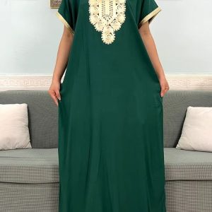 Djellaba verte en coton pour femme, style élégant et décontracté