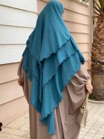 Khimar plissé bleu canard à trois voiles en mousseline