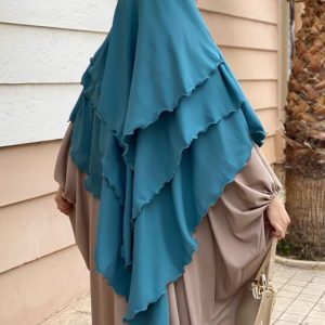 Khimar plissé bleu canard à trois voiles en mousseline