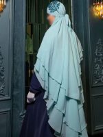 Khimar plissé bleu ciel à 3 voiles en mousseline