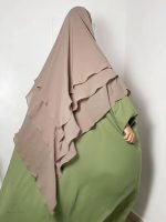 Khimar kaki plissé 3 voiles en mousseline