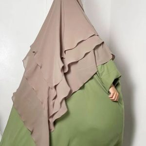Khimar kaki plissé 3 voiles en mousseline