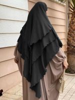 Khimar plissé noir 3 voiles en mousseline