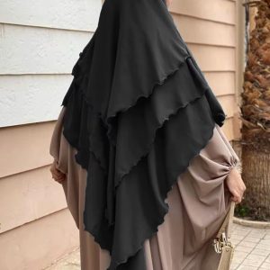Khimar plissé noir 3 voiles en mousseline