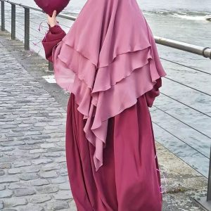 Khimar rose plissé à trois voiles en mousseline